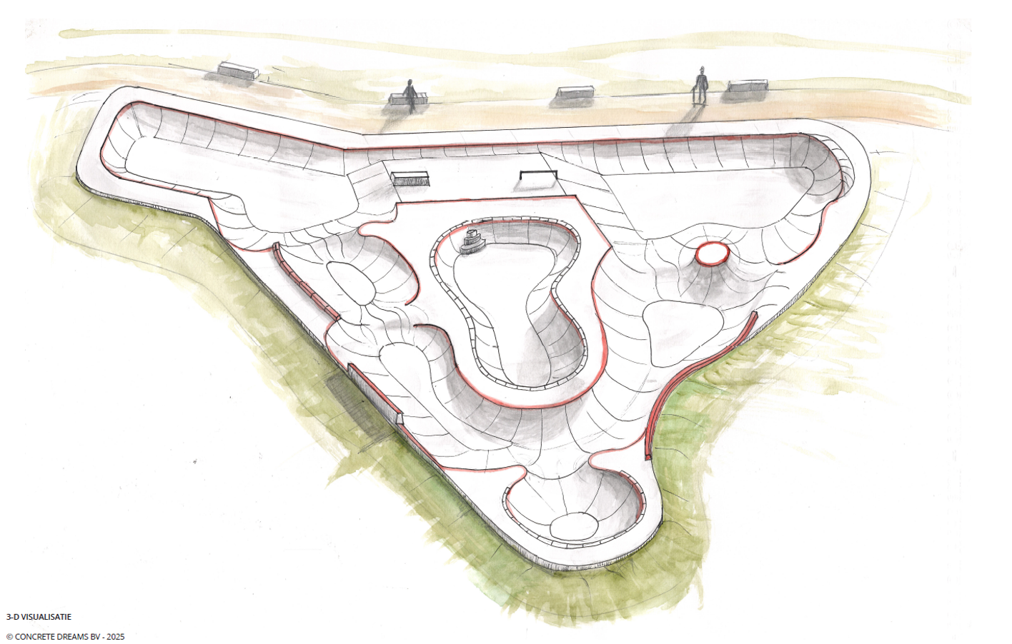 Schets van het toekomstige skatepark Schets van het toekomstige skatepark